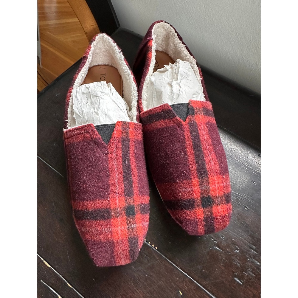 TOMS Alpargata Red Plaid Wool Faux Shearling Lined Slip On Shoes Womens 10